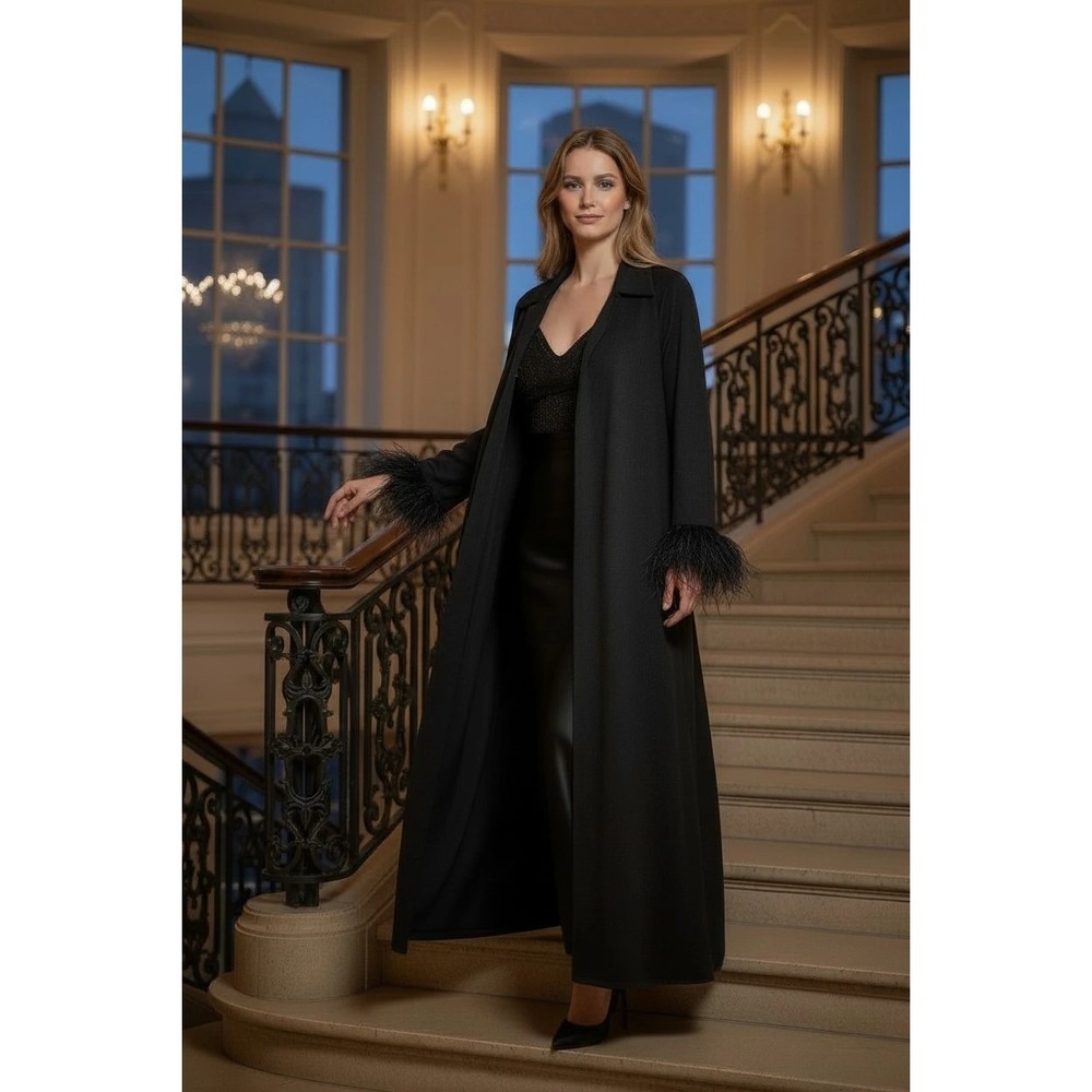 Onyx Nite Y2K Evening Duster Cardigan Marabou Feather Cuff Formal Open...